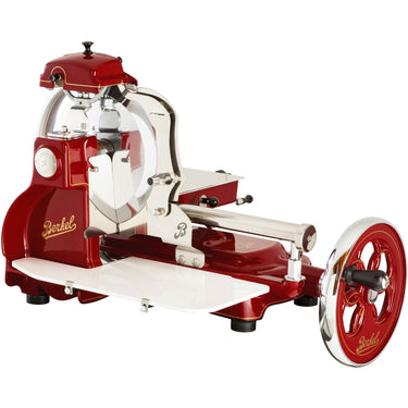 Die Berkel B3 im klassischem Rot ist die professionelle Aufschnittmaschine mit Schwungrad, die auch für intensive Schneidanforderungen geeignet ist.