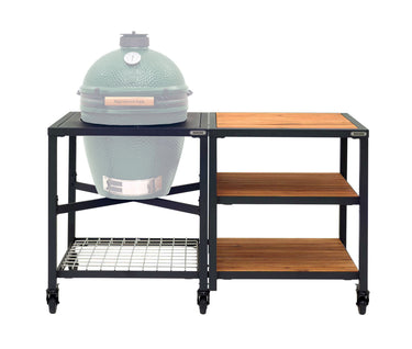 Big Green Egg Set mit stabilem Untergestell und praktischem Regal für Zubehör.