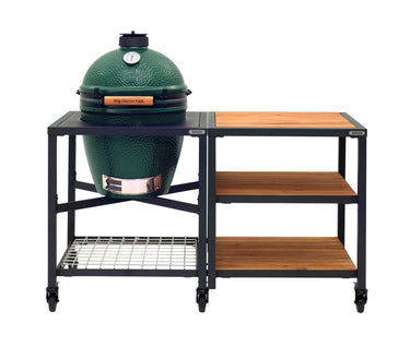 Big Green Egg Set mit stabilem Untergestell und praktischem Regal für Zubehör.