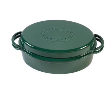 Der Green Dutch Oven Oval kommt in der für Big Green Egg-typischen grünen Farbe und ist aus Gusseisen gefertigt, welches farbig emailliert wurde.