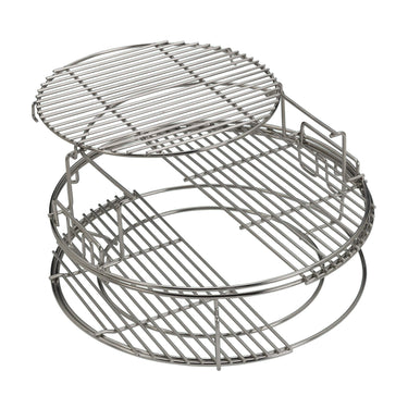 Das 5-teiliges EGGspander-Set besteht aus einer zweiteiligen Rosterhöhung, einem ConvEGGtor-Korb und zwei halben Edelstahlrosten.