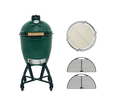 Big Green Egg L Starter-Paket mit IntEGGrated Nest+Handler, Dual Zone Deflector Kit und zwei halbrunden Gusseisenrosten.