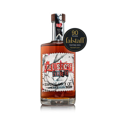 EDEL.STOFF Zirbenlikör Harry Albel Sweet Sour Art in handbemalter Flasche.