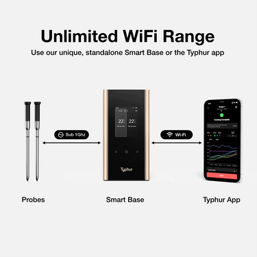 Digitales Fleischthermometer Sync Gold Dual von Typhur mit Basisgerät als zentrale Schnittstelle zwischen Sonden und App