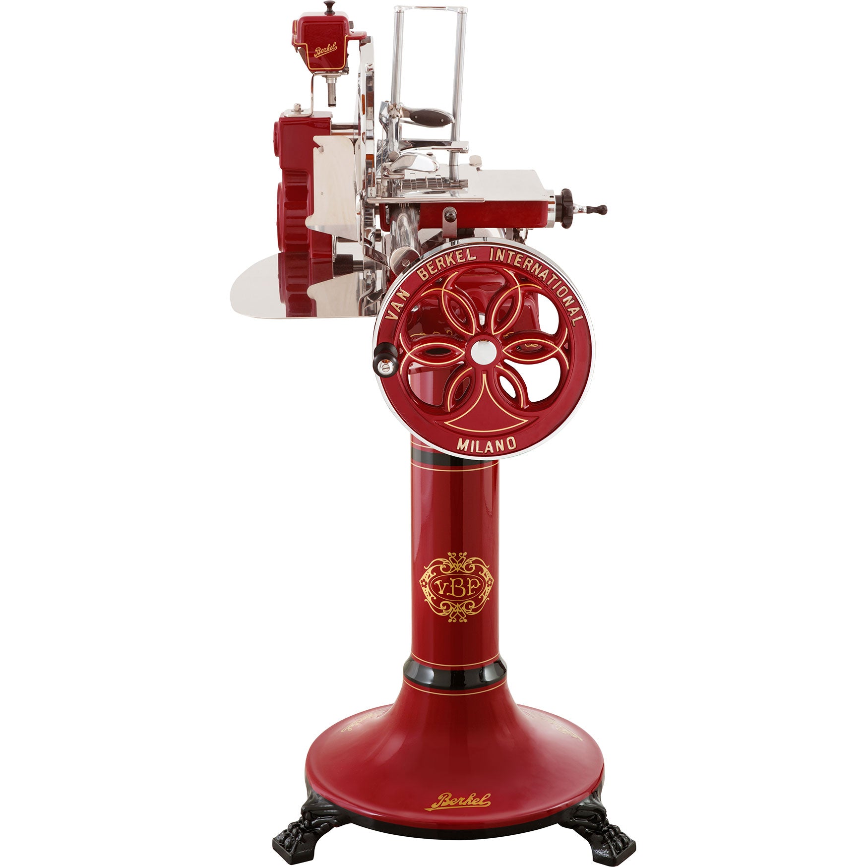 Die rote Berkel B114 Aufschnittmaschine mit Schwungrad ist besonders zum Schneiden für Rohschinken und hochwertige Wurstspezialitäten geeignet.
