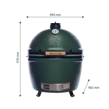 Big Green Egg 2XL mit Tischnest und detaillierten Abmessungen.