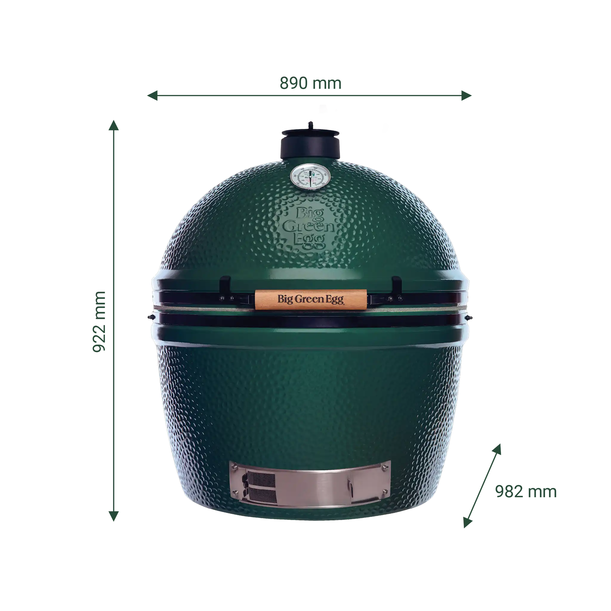 Big Green Egg 2XL mit Darstellung der Höhe, Breite und Tiefe.