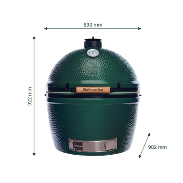 Big Green Egg 2XL mit Darstellung der Höhe, Breite und Tiefe.