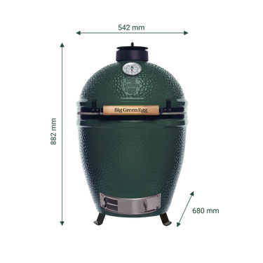 Big Green Egg L mit Tischnest und detaillierten Abmessungen.
