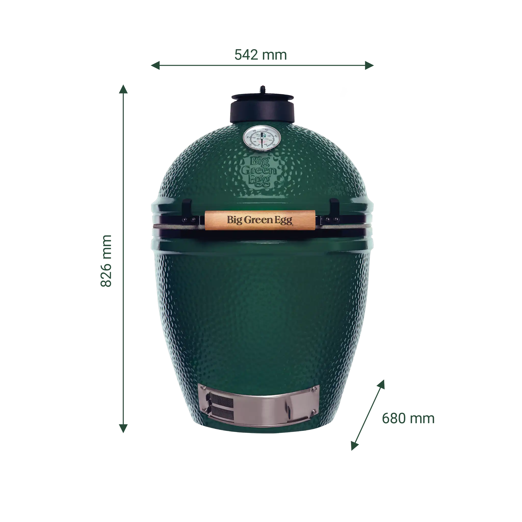 Big Green Egg L mit Darstellung der Höhe, Breite und Tiefe.