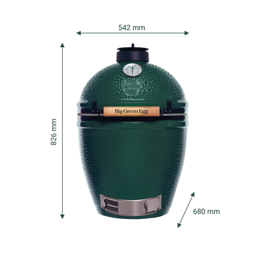 Big Green Egg L mit Darstellung der Höhe, Breite und Tiefe.