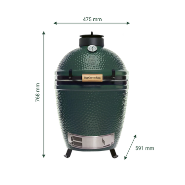 Big Green Egg M mit Tischnest und detaillierten Abmessungen.