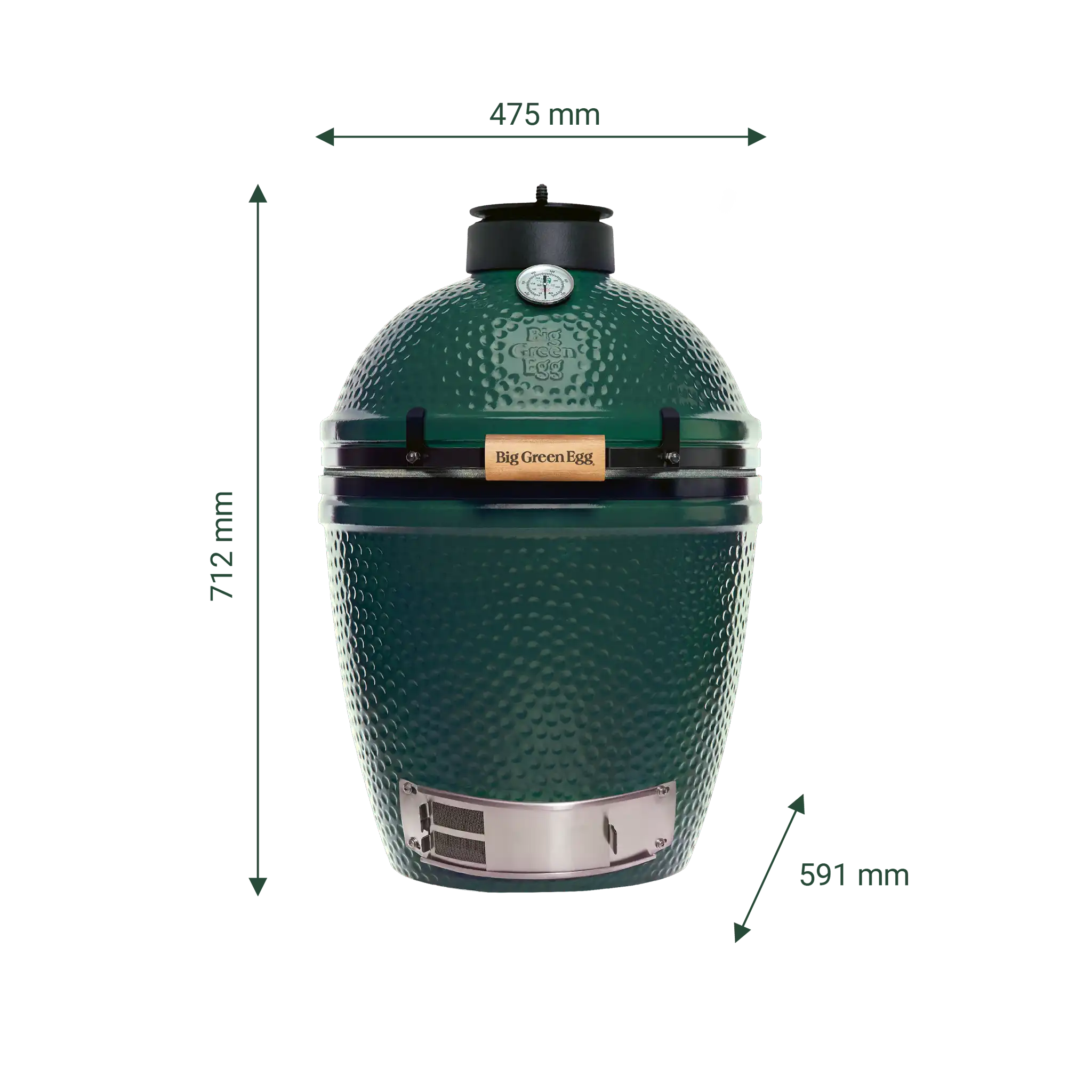 Big Green Egg M mit Darstellung der Höhe, Breite und Tiefe.