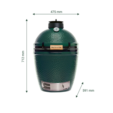 Big Green Egg M mit Darstellung der Höhe, Breite und Tiefe.