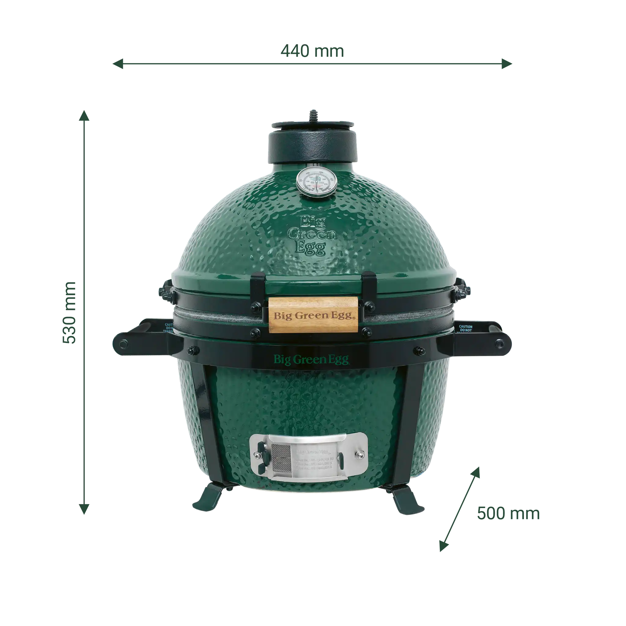 Big Green Egg MiniMax mit Darstellung der Höhe, Breite und Tiefe.