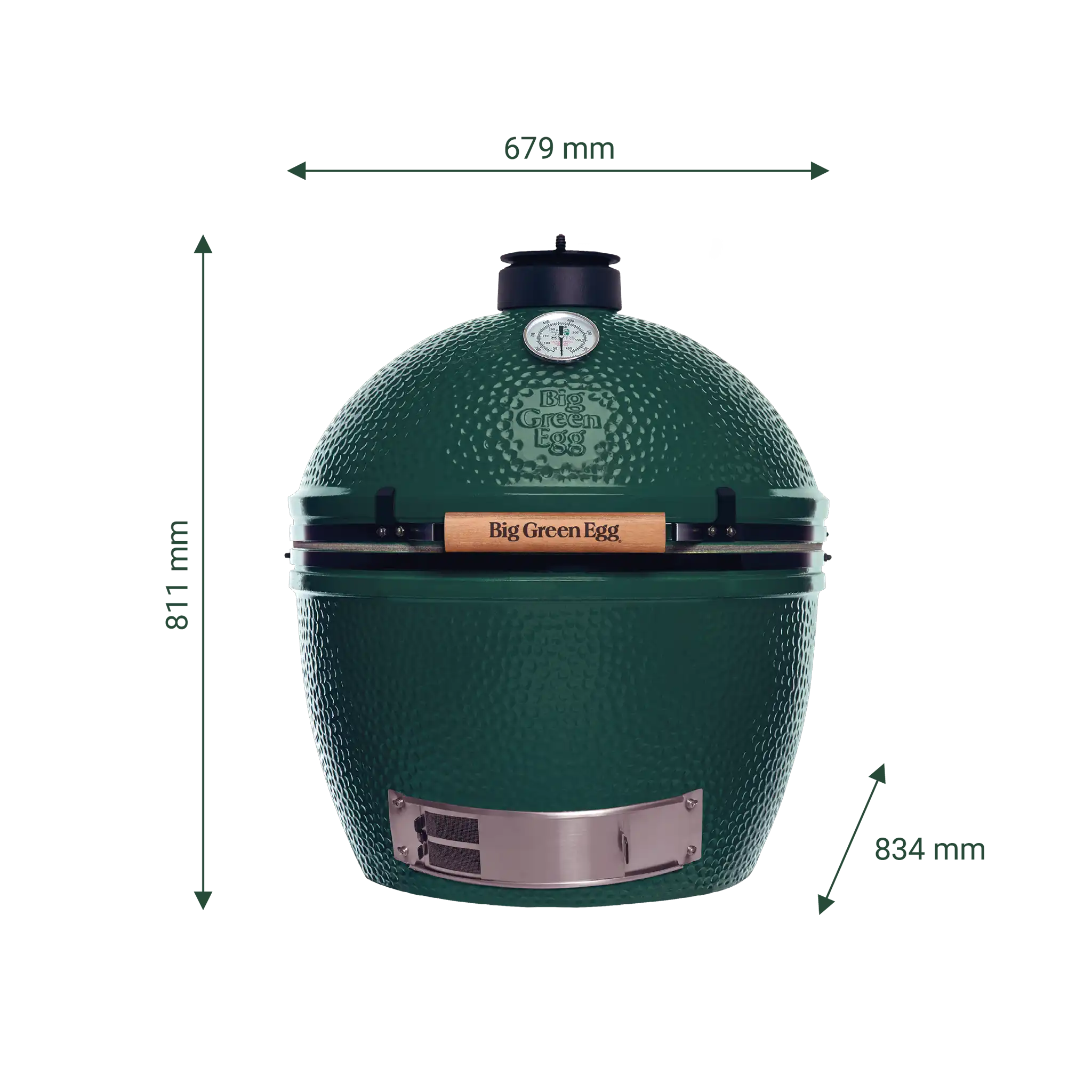 Big Green Egg XL mit Darstellung der Höhe, Breite und Tiefe.
