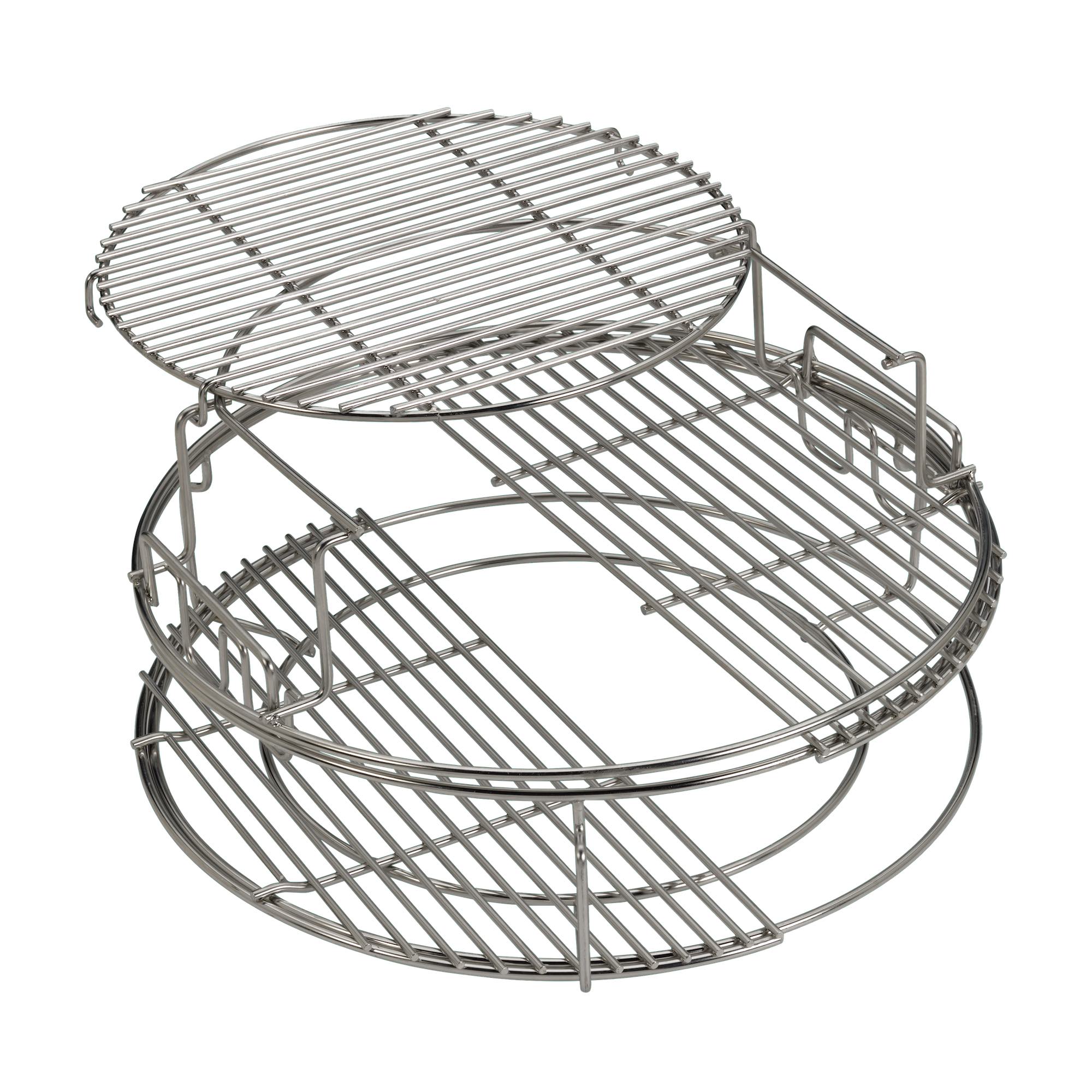 Das 5-teiliges EGGspander-Set besteht aus einer zweiteiligen Rosterhöhung, einem ConvEGGtor-Korb und zwei halben Edelstahlrosten.
