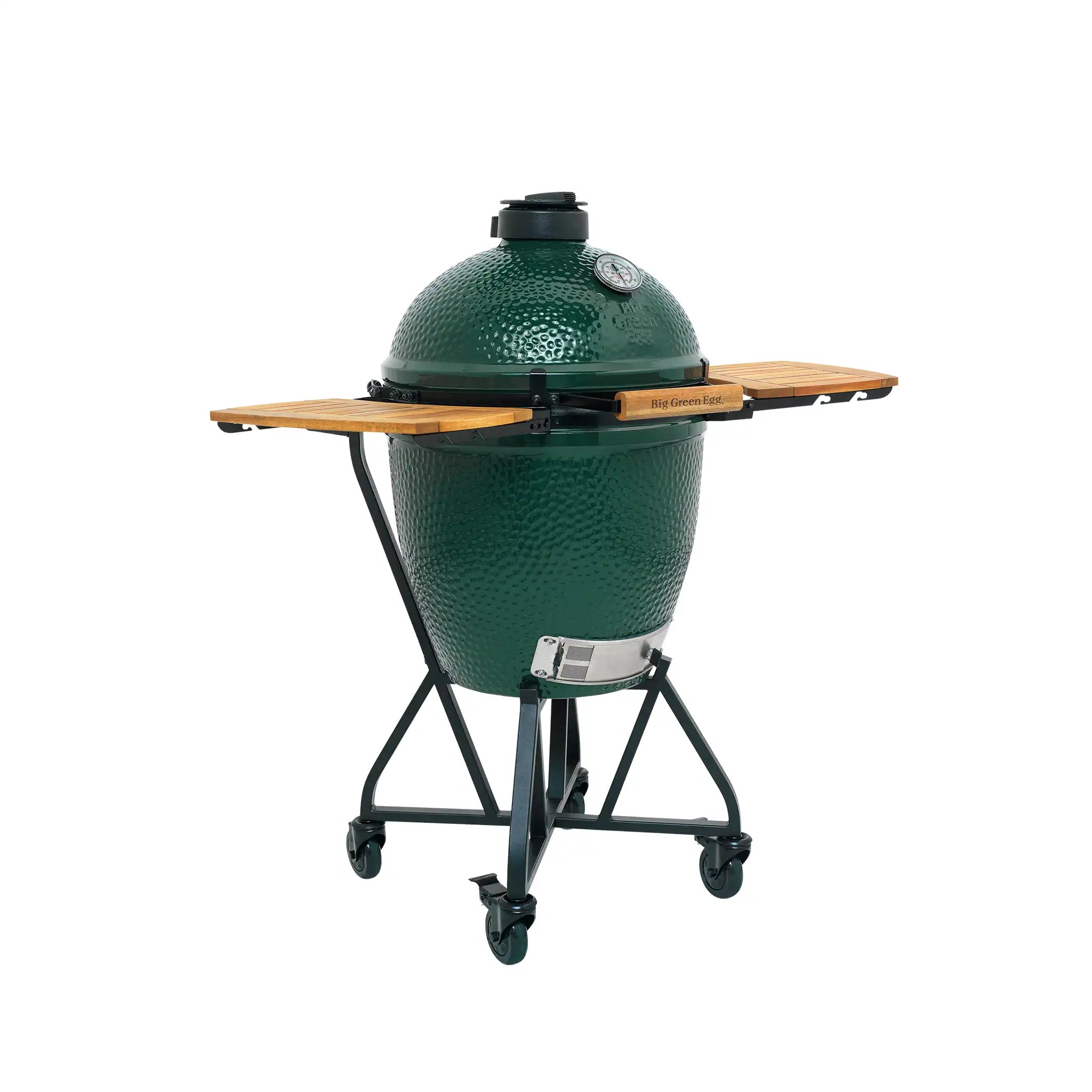 Big Green Egg Outdoor-Grill mit Seitentischen aus Akazienholz.