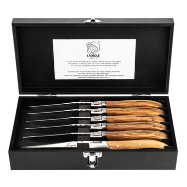 Laguiole Style de Vie Steakmesser Luxury Line - Set mit 6 Edelstahlmessern mit Griffen aus Olivenholz.