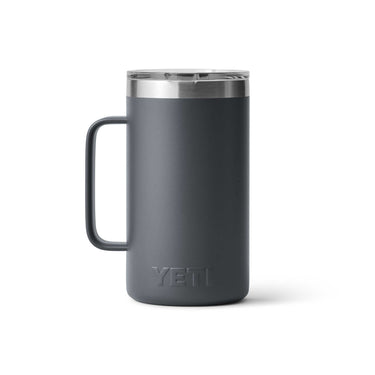 Der Rambler Krug 24 Oz in Charcoal ist isoliert, stabil und ideal für den Campinggebrauch.